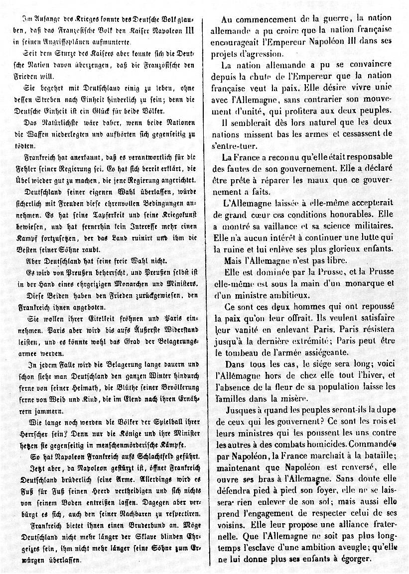 Tract bilingue lancé par Gaston Tissandier (depuis le Céleste) sur les Prussiens
